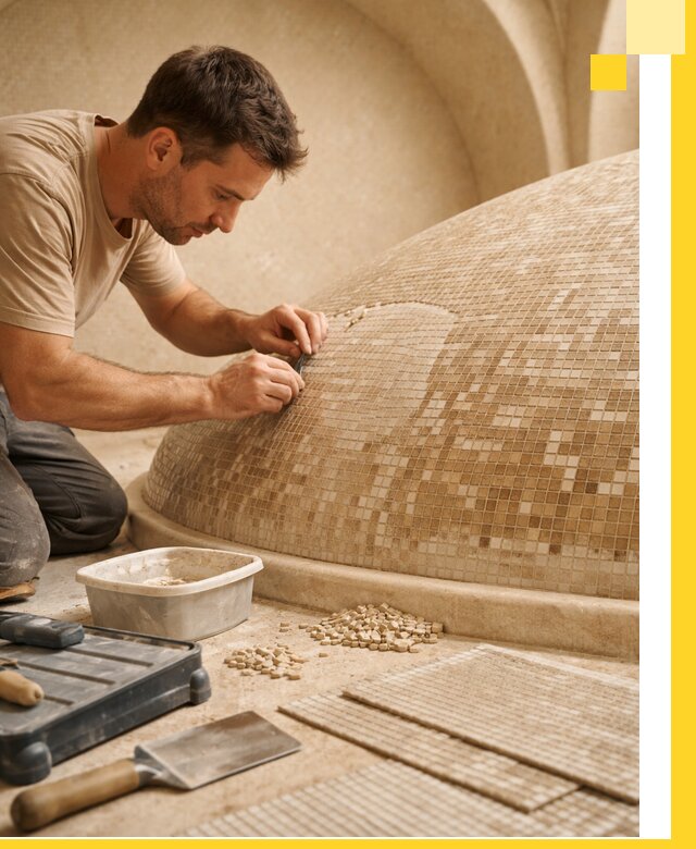 Профессиональная укладка мозаики для хамама под ключ в Рязани